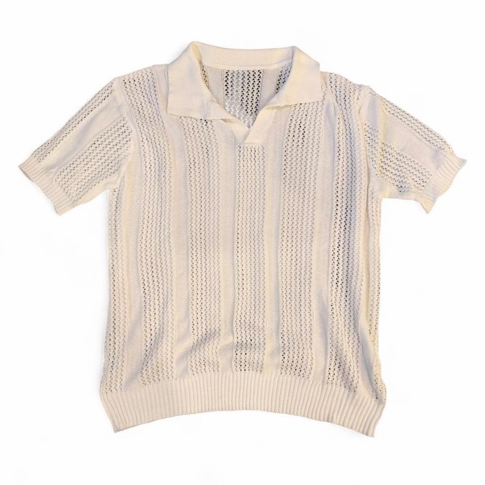 Polo Knit Oversized White Mesh Knit Crochet Relaxed Fit Short Sleeve Size 4XL